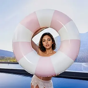 Durable and Thick - Retro Striped Pool Float with Manual Pump, Available in Blue and Pink, Essential for Home Swimming Pools and Beach Parties, Adult Water Fun, Fun Design, Comfortable Float