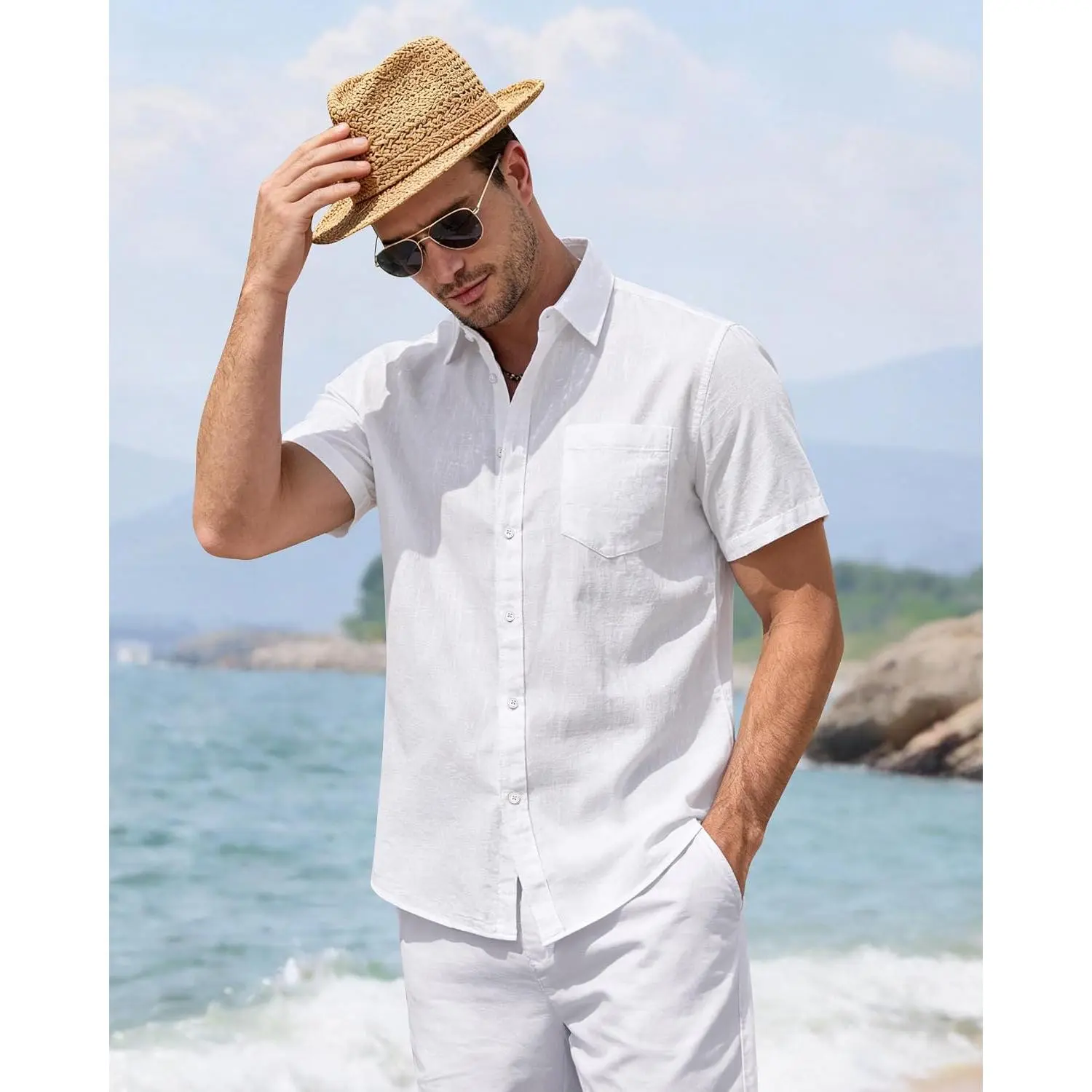 Mens Linen Shirt Short Sleeve Button Down Casual Summer Shirts |   Cotton Linen, Untucked, Big Tall, from Beach Camp Vacation, Cruise Fishing, Work Office, to Wedding Party Family, with Pocket