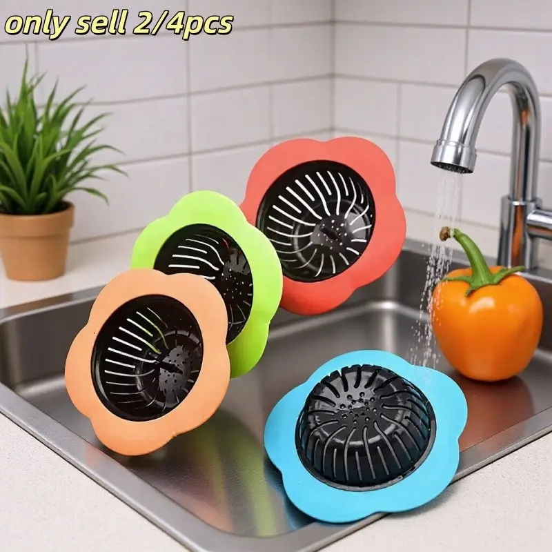 2/4 Piece Flower Silicone Sink Strainer, Quick Food Waste Filter, Easy Drainage, Soft Fit, Kitchen Vegetable Wash, Prevents Clogs