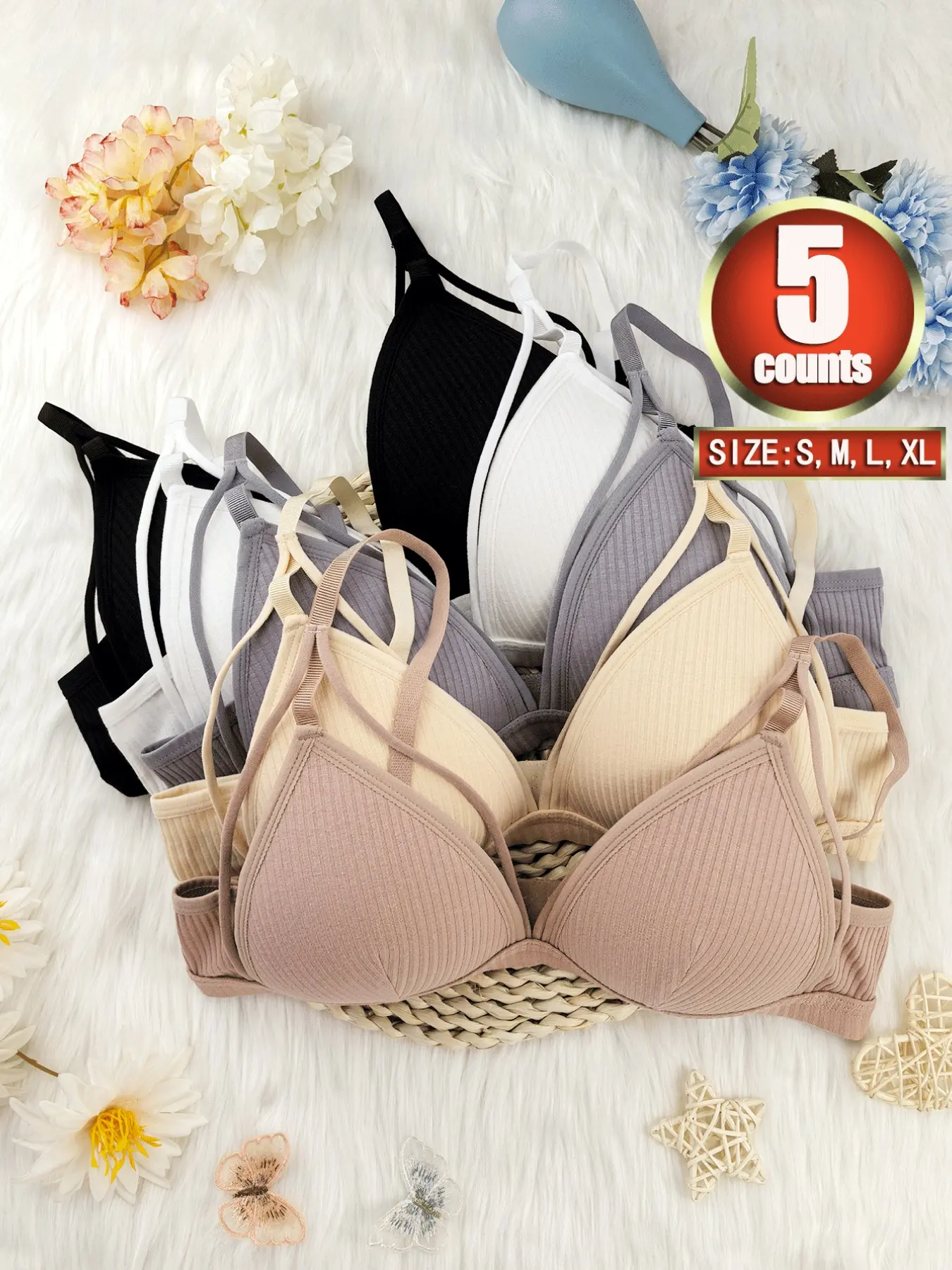Beautiful women's underwear, 7 colors available, deep V-shaped women's bra, threaded fabric, casual bra, Everyday Essential Bra, comfortable and breathable women's bra, no wire bra, suitable underwear for all seasons