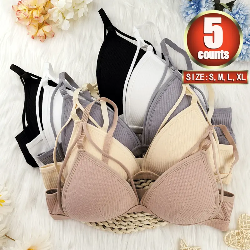 Women's Deep V-Neck Wireless Bra, Ribbed Fabric, Comfortable and Breathable Everyday Essential Bra for All Seasons