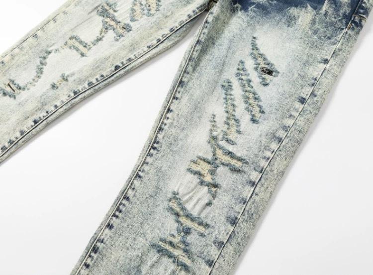 YYK Brand: Street-Style Distressed, Skinny-Fit Stretch Jeans-Featuring Patches, Embroidery, and a Vintage Denim Aesthetic-Showcasing Casual and Fitness-Inspired Styling