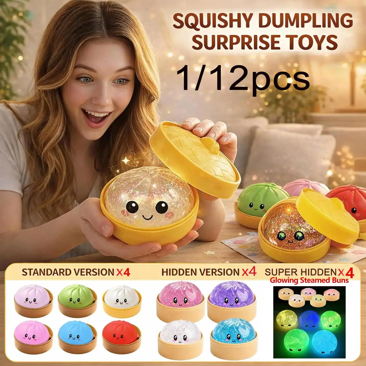 [Blind Box] 2026 New Glitter Dumpling Squishy with Steamer Box, Soft Sensory Fidget Decompression Squeeze Stress Ball, Steamed Bun Squeeze Tool for Adult Stress & Anxiety Relief, Kawaii Sparkly Squishies, Glittery Squishies