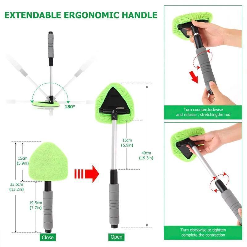 Car Windshield Cleaner Kit with Extendable Handle Squeegee Set & 3 Reusable Microfiber Pads for Interior & Exterior Glass Cleaning Essential Tool & Holiday Gift