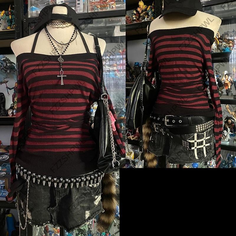 Fashion Stripe Harajuku Rock Gothic  Knitted sweater Unique Spicy Girls Punk Top Wintertime Streetwear One shoulder Sweater