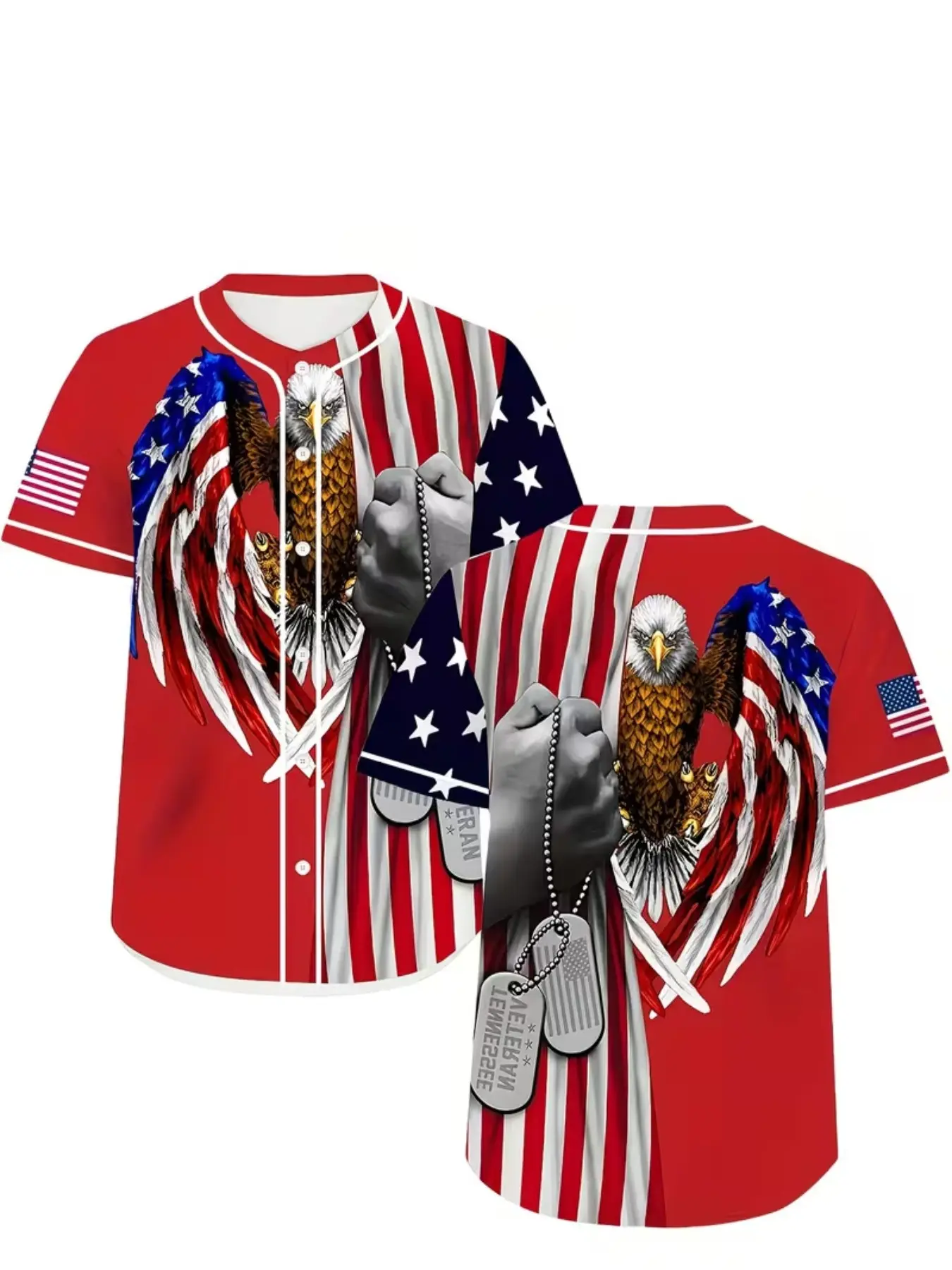 Men's Eagle Digital Print Sports Jacket, Breathable Short Sleeve Button-Up, Classic Baseball Neck, All-Season Casual Wear, Durable Design
