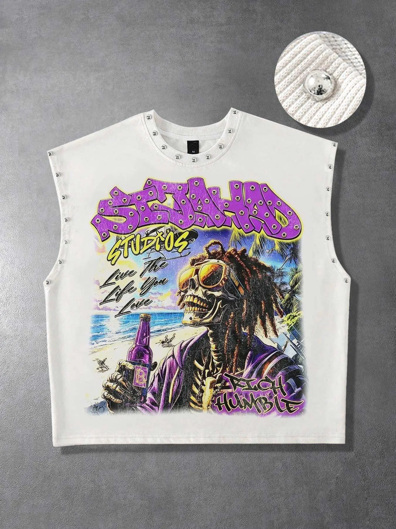 Tropical Seaside scenery coconut tree holding wine bottle skeleton men's vest short version Cropped loose gothic dark skull portrait Graphic graffiti men's vest rivet trim sleeveless Tanktop T-shirt men's vest trend daily outing holiday style party
