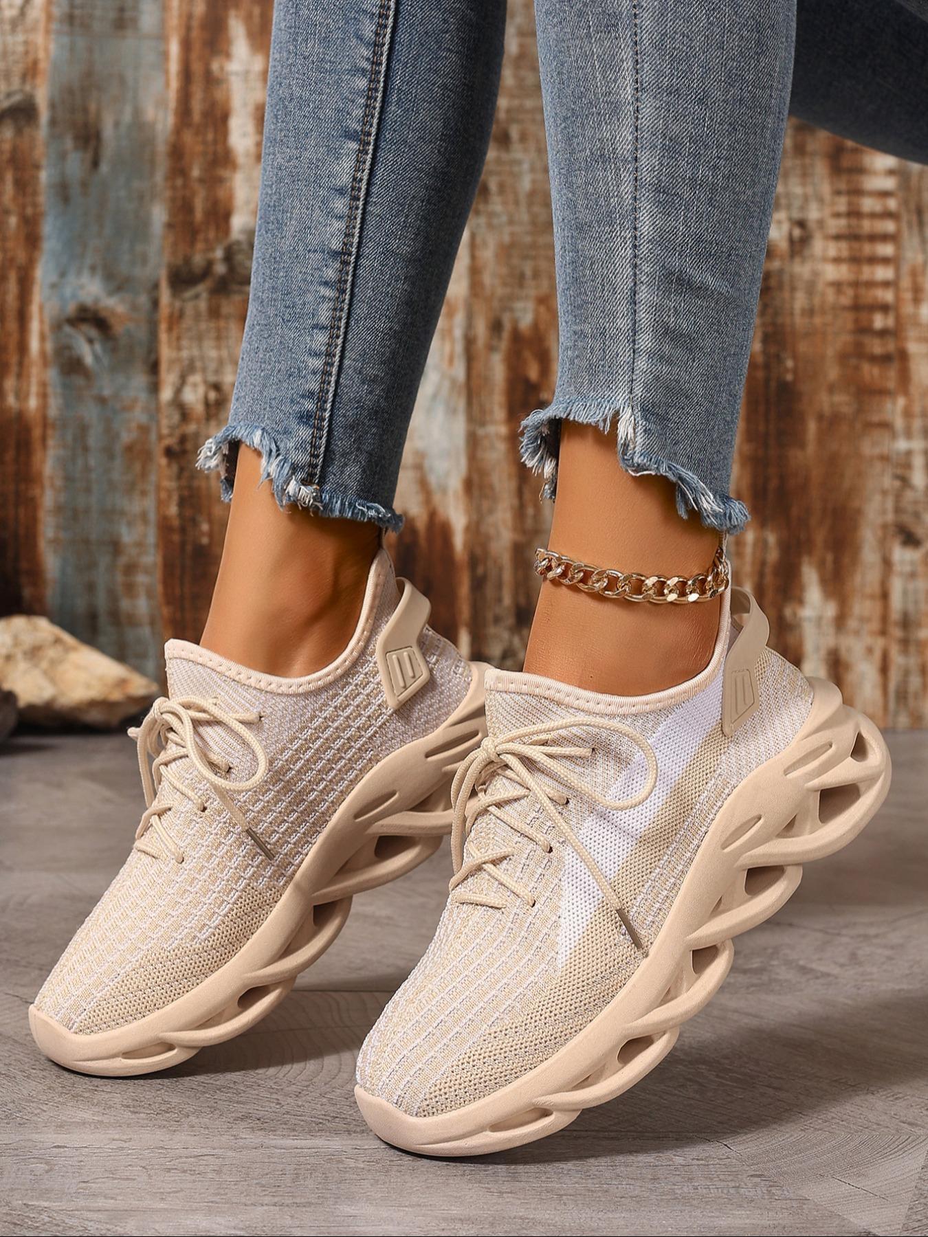 Women's Fashion Lace Up Low Top Blade Soles Sneakers, Casual Breathable Comfortable Sports Knitted Running Shoes, All-match Round Toe Chunky Sneakers for Daily Wear, Casual Running Footwear