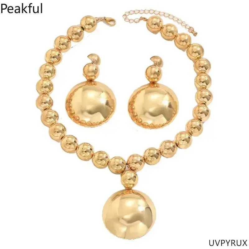 Women jewelry | Viral gold metal bead necklace & earrings set with pendant | Polished metal finish and exquisite pendant design, lightweight and comfortable, ideal for daily wear, casual outings and everyday outfit collocations