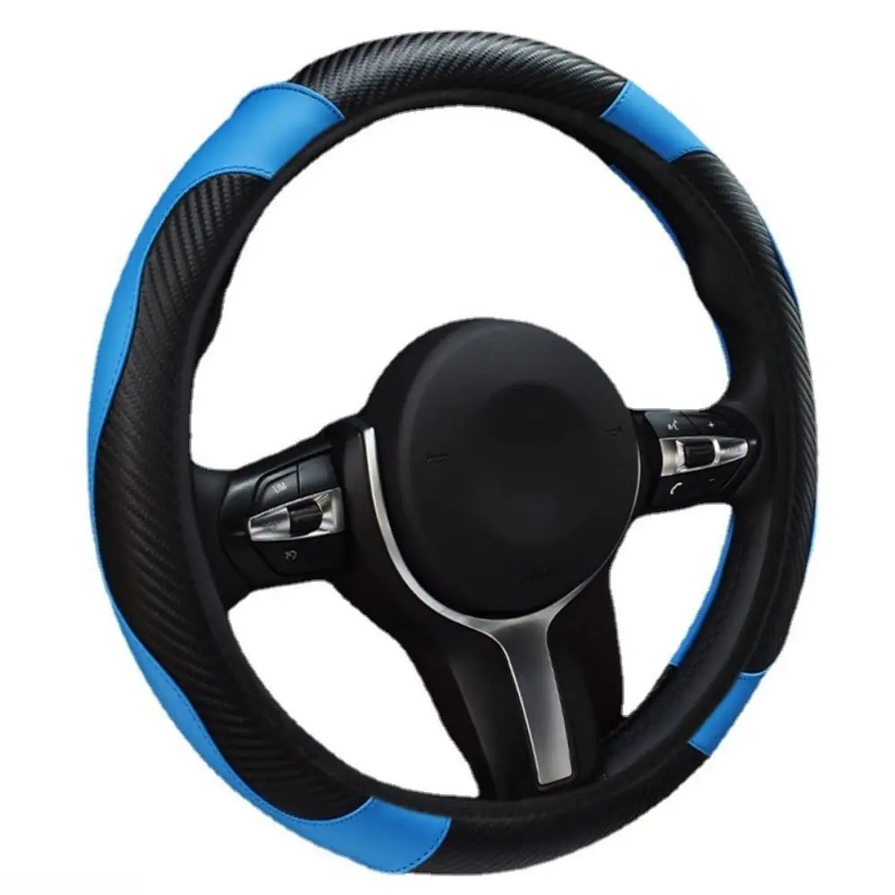 Sporty Carbon Fiber Steering Wheel Cover, All-Season Elastic Leather Grip, No-Ring Anti-Slip Universal Fit for Daily Commute, Standard Size