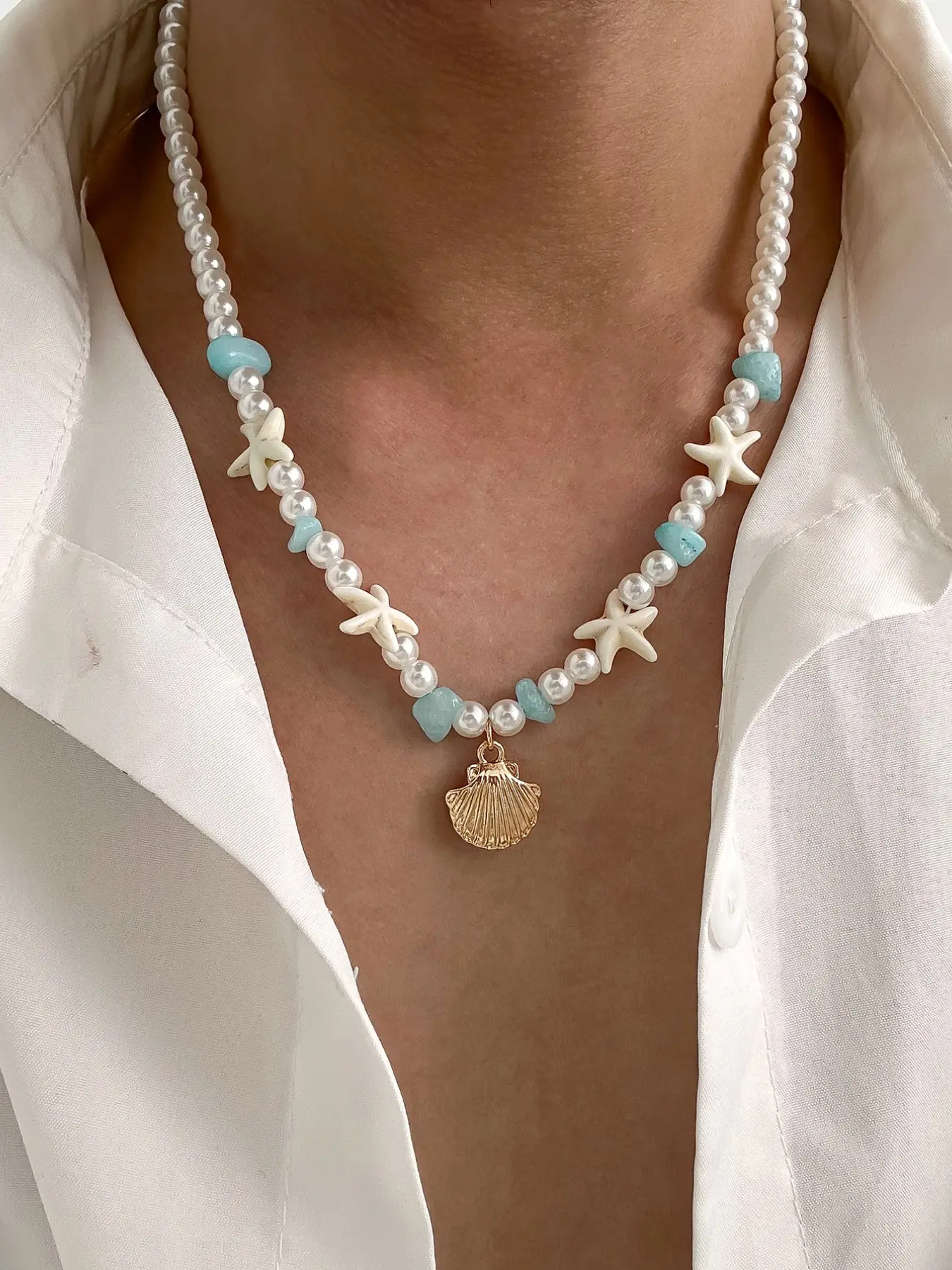 Men's Beach Necklace with Shell Pendant, Street Style Beaded Chain, Iron Material, All Seasons Wear, Plain Pattern, No Choking Hazard