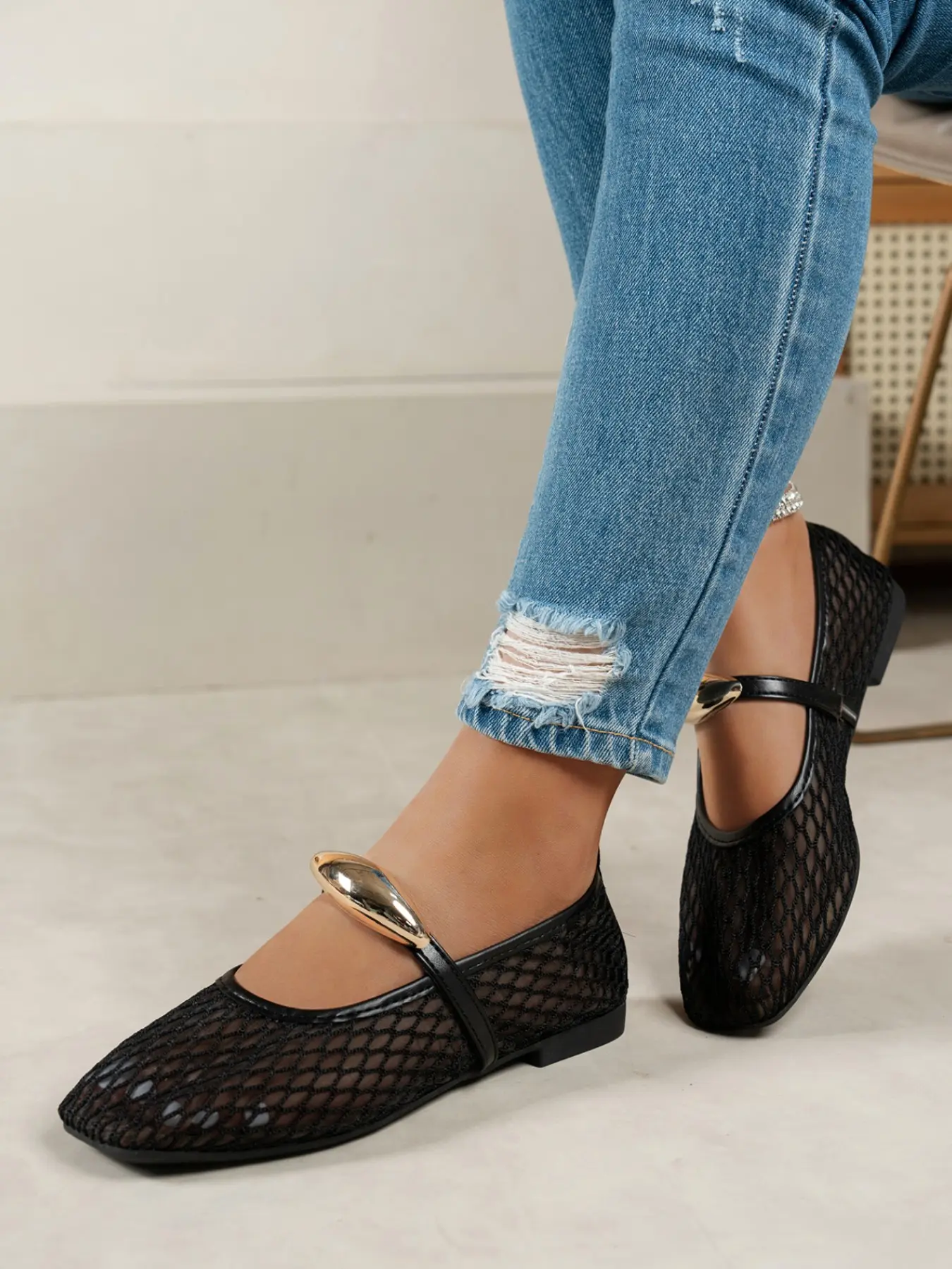 Women's Mesh Mary Jane Shoes, Breathable Square Toe, Flat Sole, Metal Decor, Soft Rubber Outsole, All Seasons Fashion Footwear