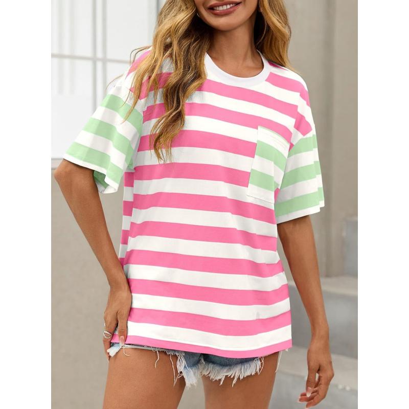 Womens Oversized Color Block Striped Tshirts Summer Casual Short Sleeve Tops Loose Fit Crew Neck Shirts