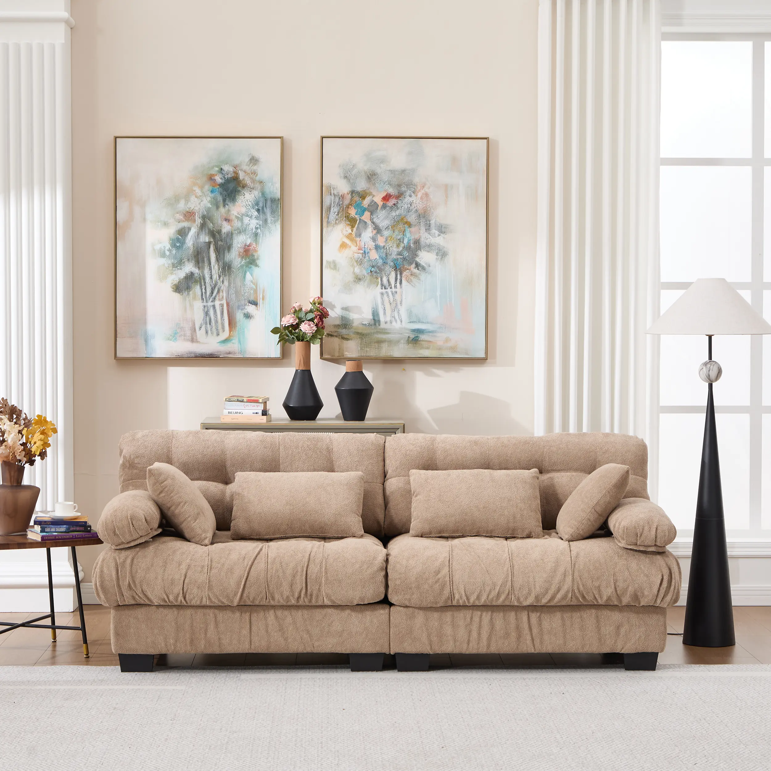 Nokaa Modular Cloud Couch Sectional Sofa 2-Seat Loveseat for Living Room, Deep Seat Couch with Armrest Pillows, Comfy Flannelette Upholstered Wood Frame, Light Brown, 4 Throw Pillows Included