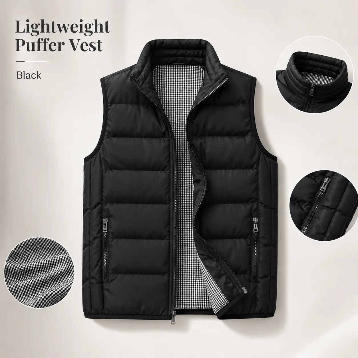 Men's Casual Quilted Polyester Vest - Sleeveless Menswear Outerwear with a Stand Collar and Zippered Pockets for Outdoor Wear, Fashion, Polyester Fiber, Quilted Pattern, Universal Sport
