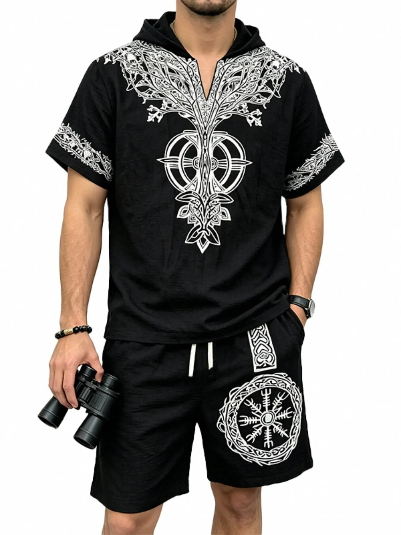 Men's 2 Piece Tracksuit, Viking Tree of Life Printed Short Sleeve Hoodie & Drawstring Shorts Matching Set, Loose Breathable Beach Bohemian Outfit