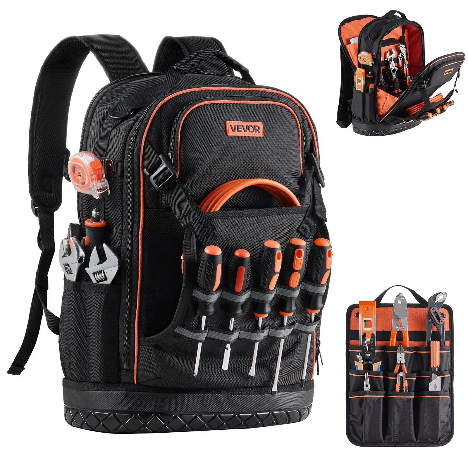 VEVOR Tool Backpack, Oxford Fabric Heavy-Duty Tool Storage Large Capacity Backpack with 65 Pockets, Laptop Compartment & Molded Base for Electricians, HVAC Techs