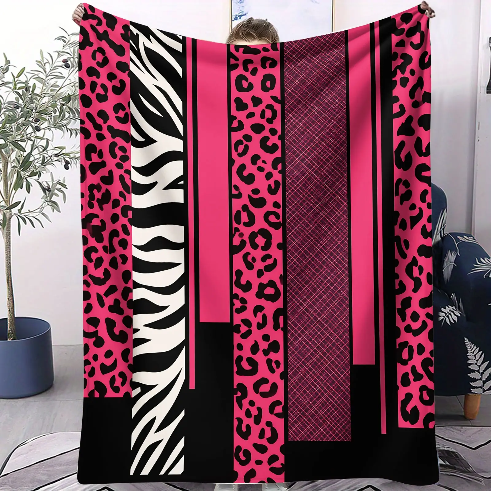 Y2K Hot Pink Leopard Zebra Flannel Blanket, Color-Block Stripe Splicing, Edgy Sweet Cool Warm Throw for Bed & Sofa