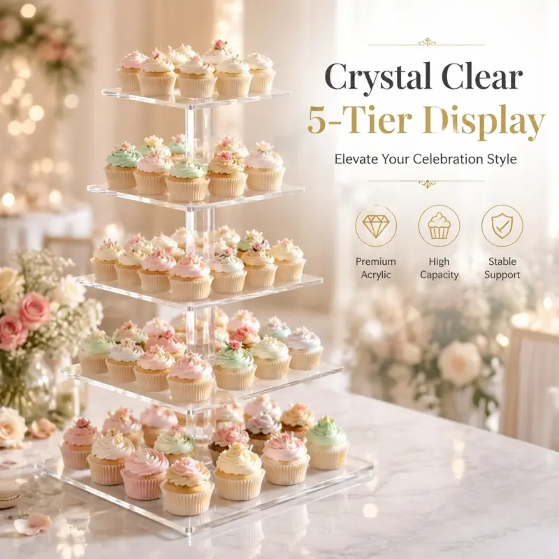 5 tier square crystal clear acrylic cupcake stand transparent tiered dessert display tower stable heavy duty pastry holder for wedding birthday baby shower party decor Cupcake Holders