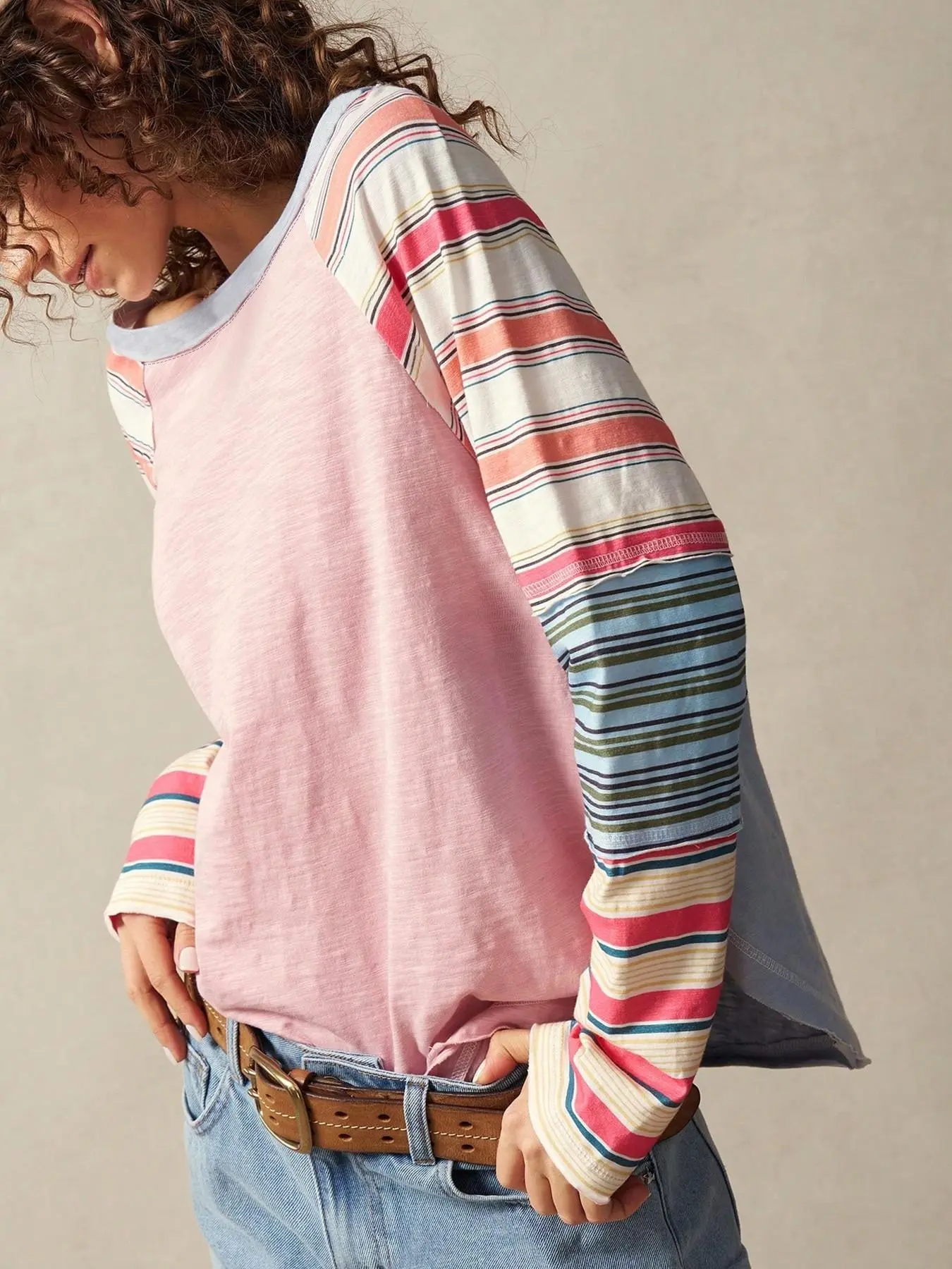 Women's Vintage Striped Shoulder Pad Long Sleeve Top, Casual Colorblock Fitted T-Shirt, Daily & Street Style Clothing, Streetwear, Fashion