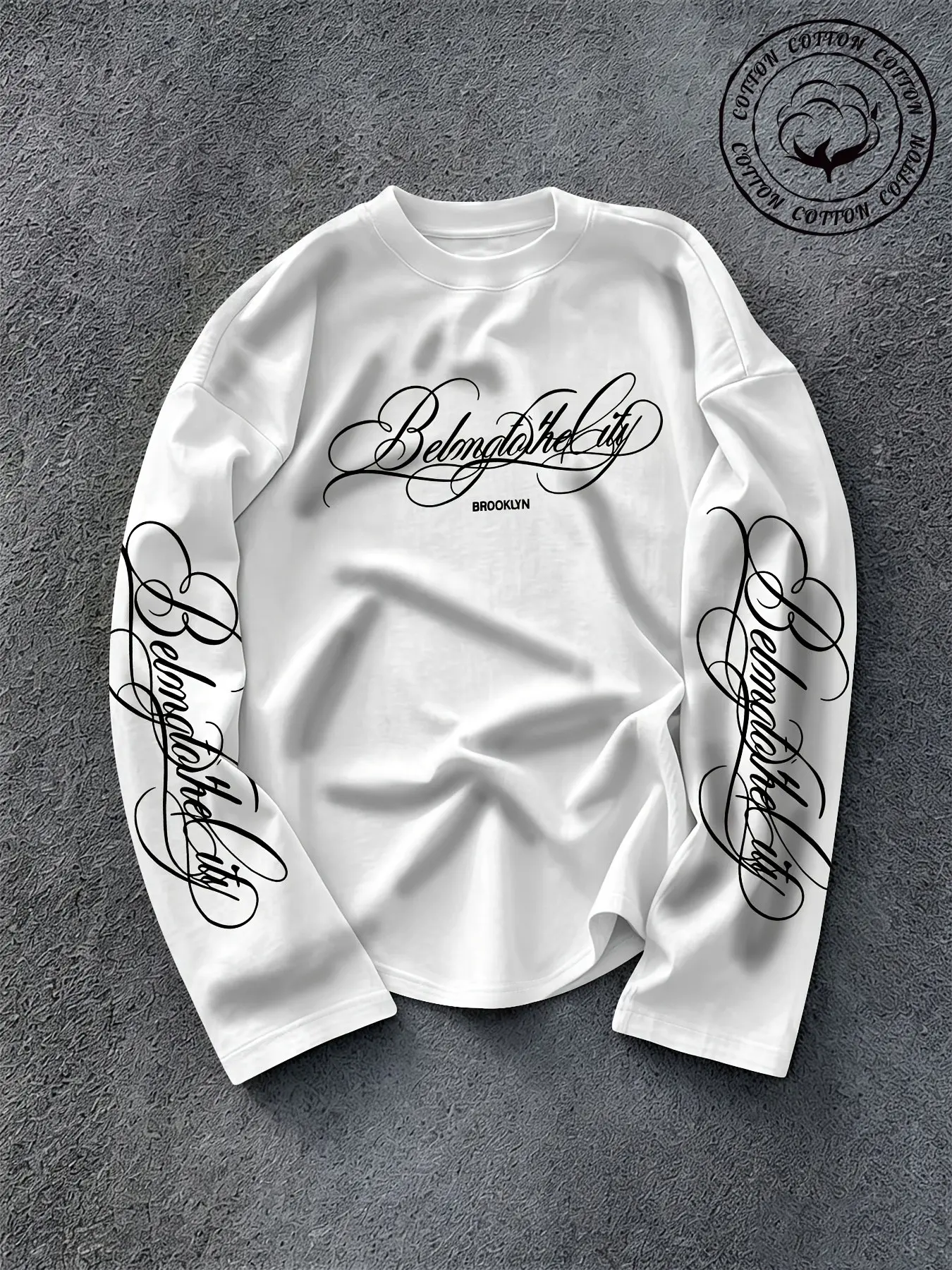 Men's Y2K Urban Style Cotton Long Sleeve Sweatshirt, Loose Fit Round Neck, Soft Breathable 100% Cotton, Brooklyn Theme Print, Spring Fall Streetwear