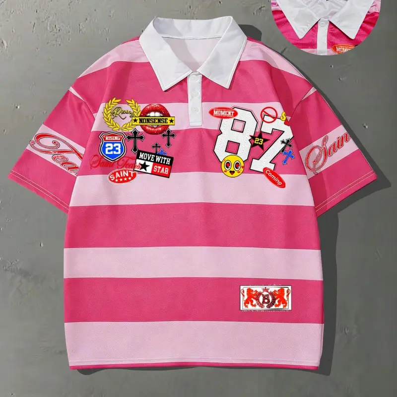 American Vintage Striped Polo Shirt, Oversized Loose Fit, Short Sleeve, Breathable Mesh Fabric, Trendy Casual Streetwear Fashion, Ideal for Sports
