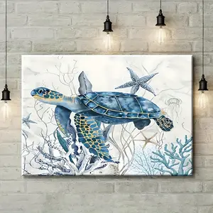 2D Flat, 1Pc Elegant Vintage Fashion Canvas Print, Charming Ocean Turtle Classic Wall Decoration, Suitable for Church, Restaurant, Living Room, Bathroom, Home, Classroom, Party, Fun Gift, Wall Decoration