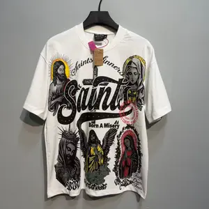 Saints Religious Figure Rhinestone Graphic T-Shirt Men White Vintage Jesus Virgin Mary Print Oversized Cotton Short Sleeve Tee For 4th Of July Summer Hip Hop Streetwear Outfit