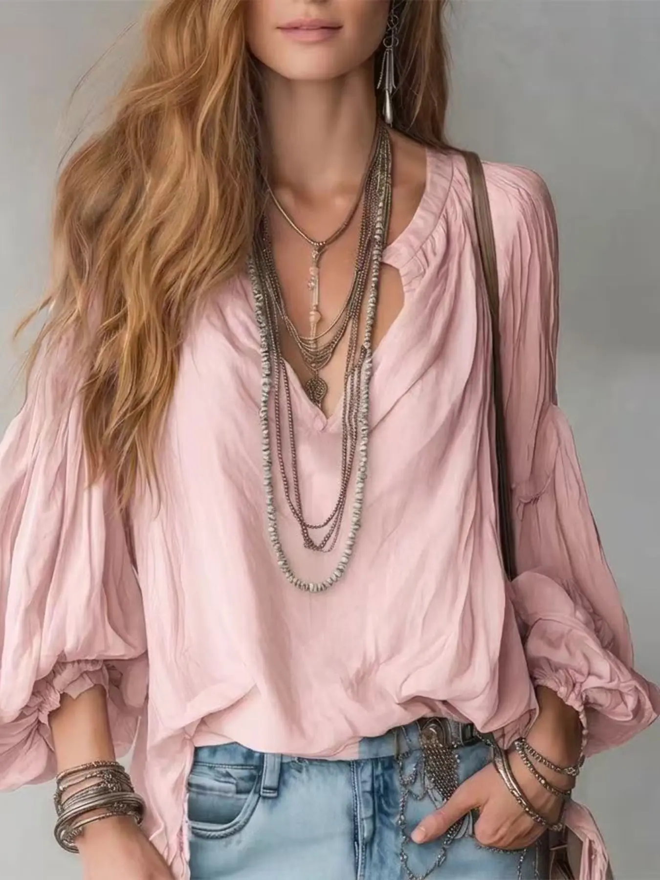 Women's Boho Farmhouse Top, V Neck Ruched Texture Lantern Sleeve, Loose Fit Vacation Shirt, Long Sleeve, Six Colors Available