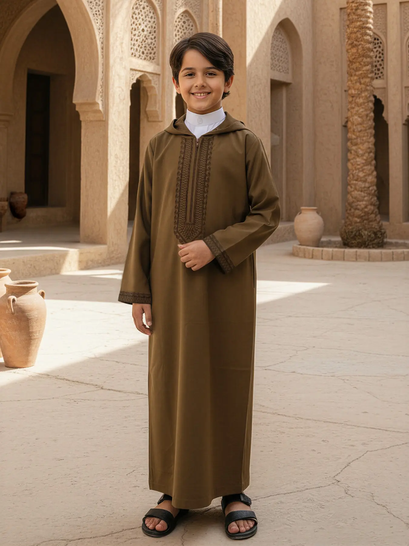 Moroccan Style Hooded Boy Djellaba, Elegant Embroidered Zipper Side Hidden Pockets, Suitable for Boys Aged 8-12 Years, Stylish Kids Clothing