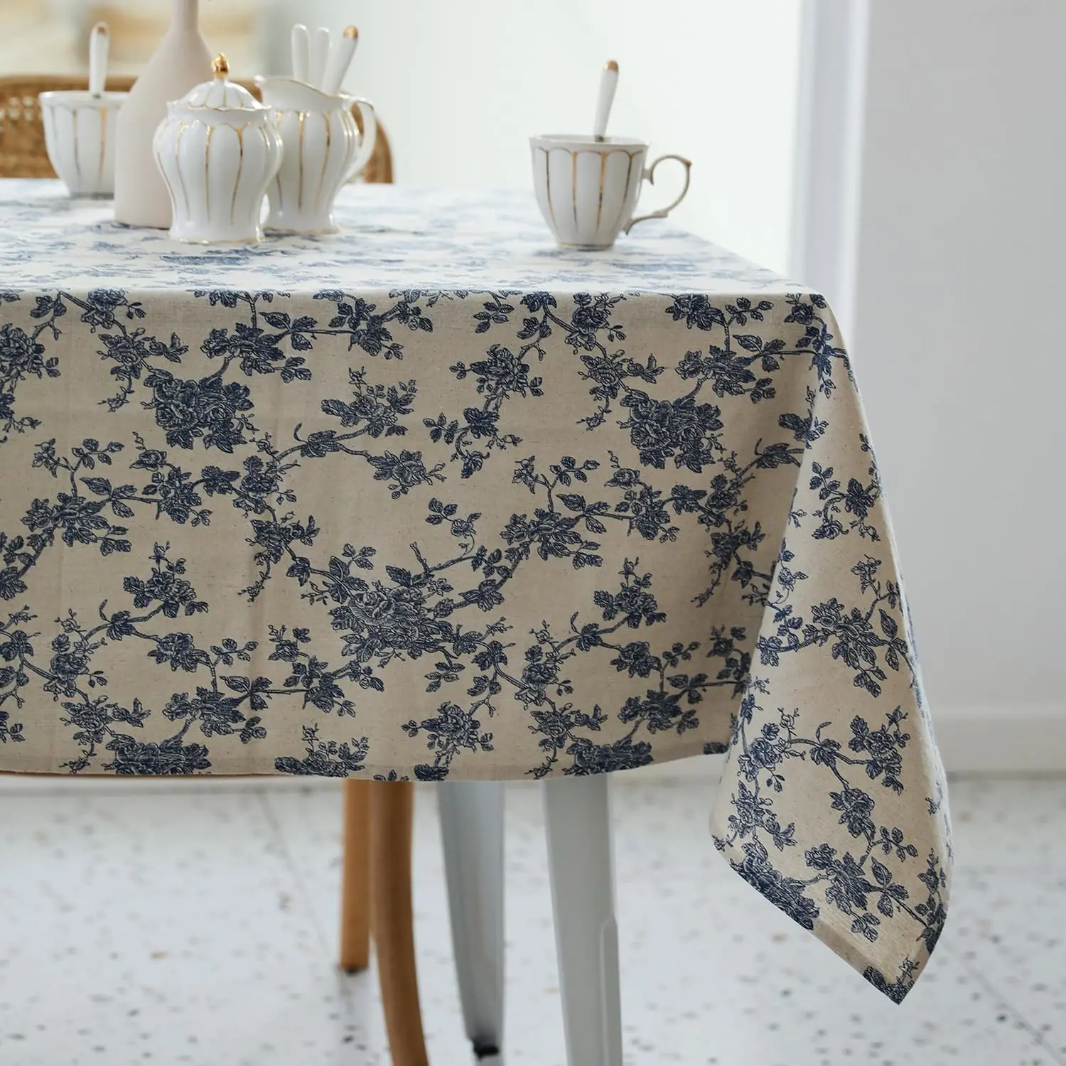 Pastoral Rectangle Tablecloth - 60 x 84 Inch Table Cloth - Washable Table Cover with Dust-Proof Wrinkle Resistant for Restaurant, Picnic, Indoor and Outdoor Dining, Floral (Dark Blue)