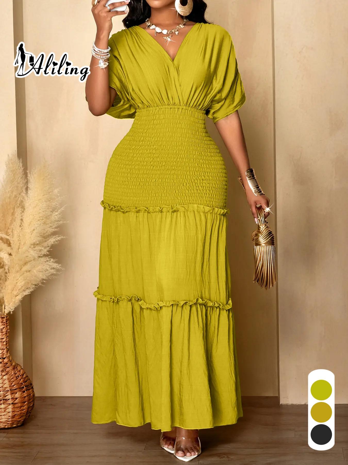 Aliling Elegant Women Dress Waist Shirred Knit Long Dresses V Neck Short Sleeve Slim Fitted Solid Female Bodycon Casual Daily Wear Clothing