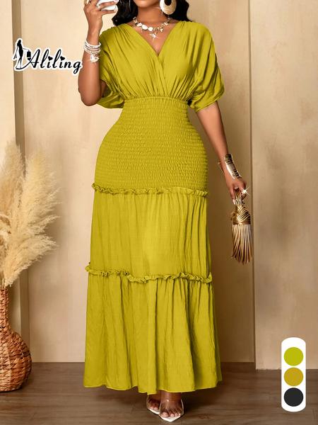 Aliling Elegant Women Dress Waist Shirred Long Dresses V Neck Short Sleeve Slim Solid Female Bodycon Casual Daily Wear Clothing
