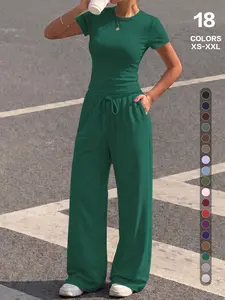 Women's Solid Color Two-Piece Set, Comfortable Round Neck T-Shirt with Drawstring Wide Leg Pants, Casual Home Wear, Breathable and Stylish