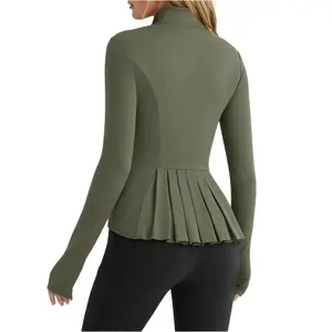 Fisoew Sports  2026 Summer Spring Women's Zippered Sports Jacket, Pleated Lightweight Slim Fit  Stand Collar with Thumbhole Pockets, Workout Running Clothes