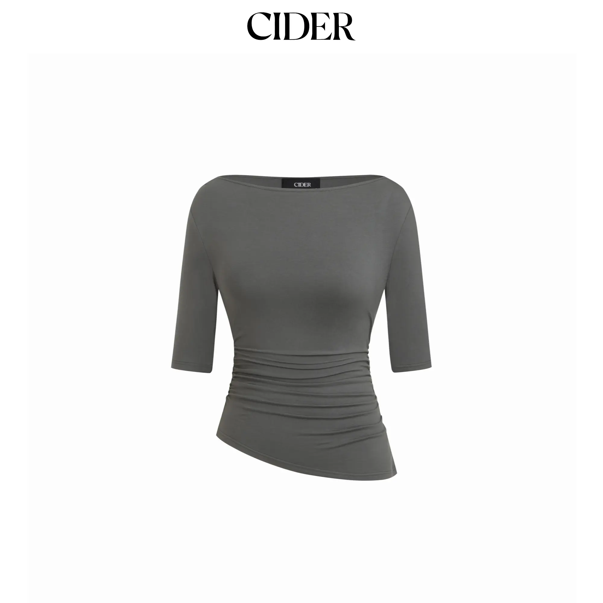 Cider Lady's Basic Casual Boat Neck Mid-length Ruched Asymmetrical Hem Sleeve Top SummerWins SummerFinds