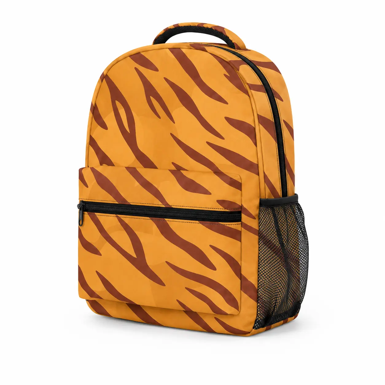 Tiger Stripe Print Backpack, Orange Animal Pattern School Bookbag with Front Zipper Pocket and Side Mesh Pocket, Lightweight Large Capacity Travel Daypack for Men Women Boys Girls