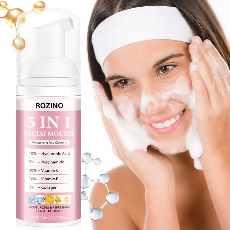60ML Five-In-One Hydrating Cleansing Mousse Foam, Contains Hyaluronic & Collagen, Vitamin C & E, Softens Skin, Daily Use, Moisturizing Face Wash
