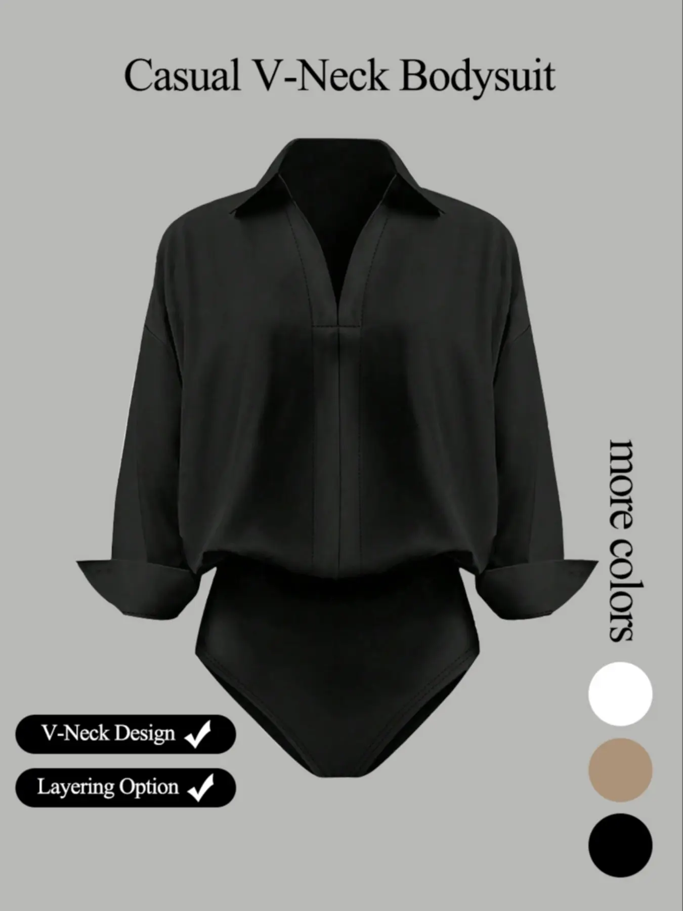 Women's Casual Everyday Loose V-Neck Long-Sleeved Shirt Bodysuit in Elegant Style Woven Fabric for All Seasons