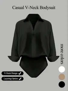 Women's Casual Everyday Loose V-Neck Long-Sleeved Shirt Bodysuit in Elegant Woven Fabric for All Seasons