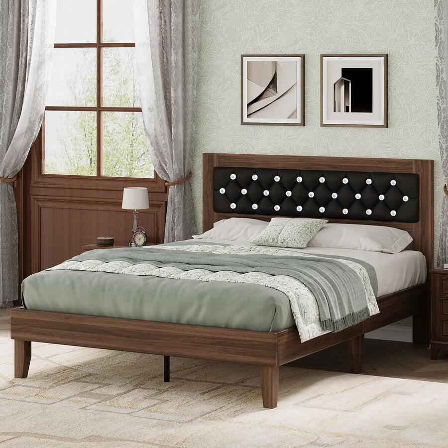 Upholstered Bed Frame with Diamond Tufted Headboard, Vintage & Modern Style, Strong Wooden Slat Support, No Box Spring Needed, Noise-Free Easy Assembly Upholstered Bed Frame with Diamond Tufted Headboard, Vintage & Modern Style, Strong Wooden Slat Support, No Box Spring Needed, Noise-Free Easy Assembly