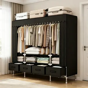 Heavy Duty Thickened Steel Frame Freestanding Fabric Wardrobe Closet with Multiple Storage Drawers, Multi-Layer Shelves & Full Blackout Dustproof Cloth Cover, Extra Top Storage Space For Suitcases Luggage, Open Long Hanging Rod For Long Dresses Coats, Lar