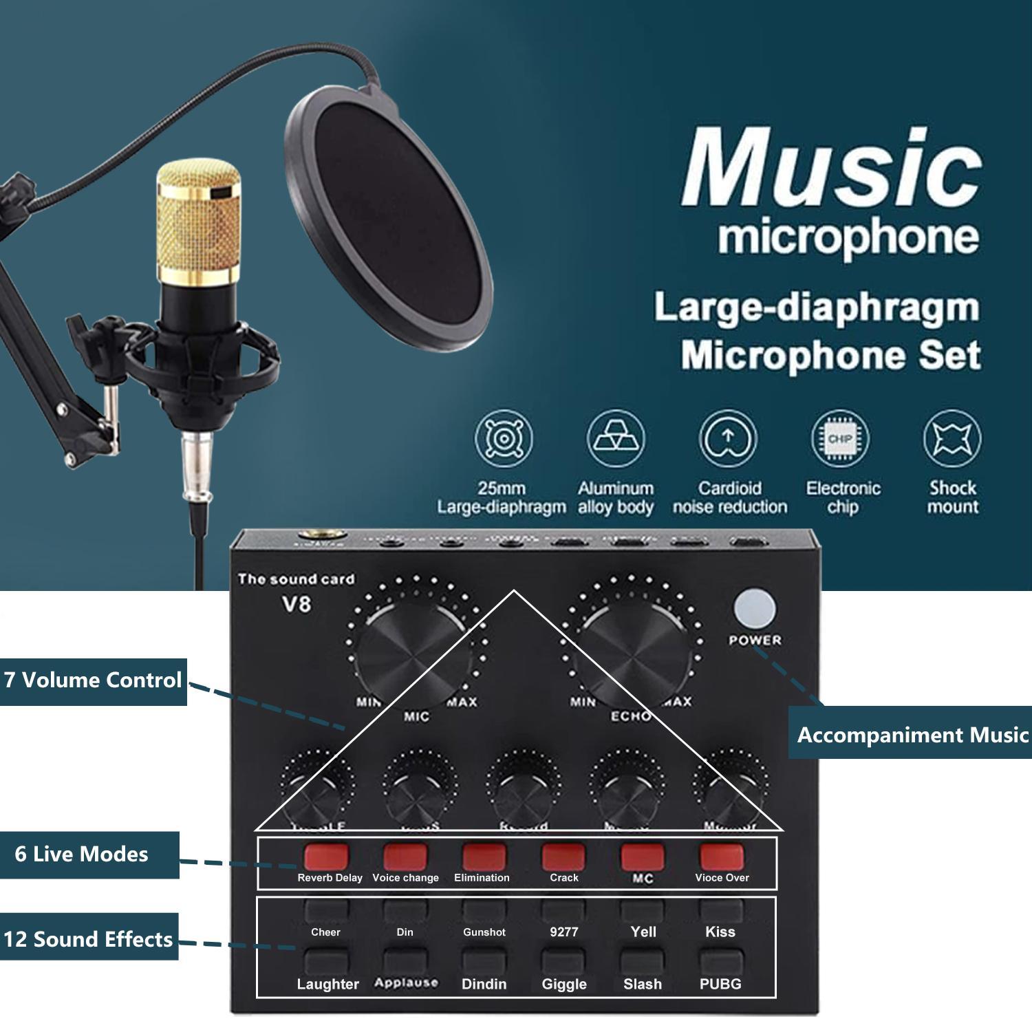 Audio Interface with Mixer & Vocal Effects, Condenser Microphone Kit, Live Sound Card, Adjustable Mic Stand for Studio Recording, Streaming Broadcast