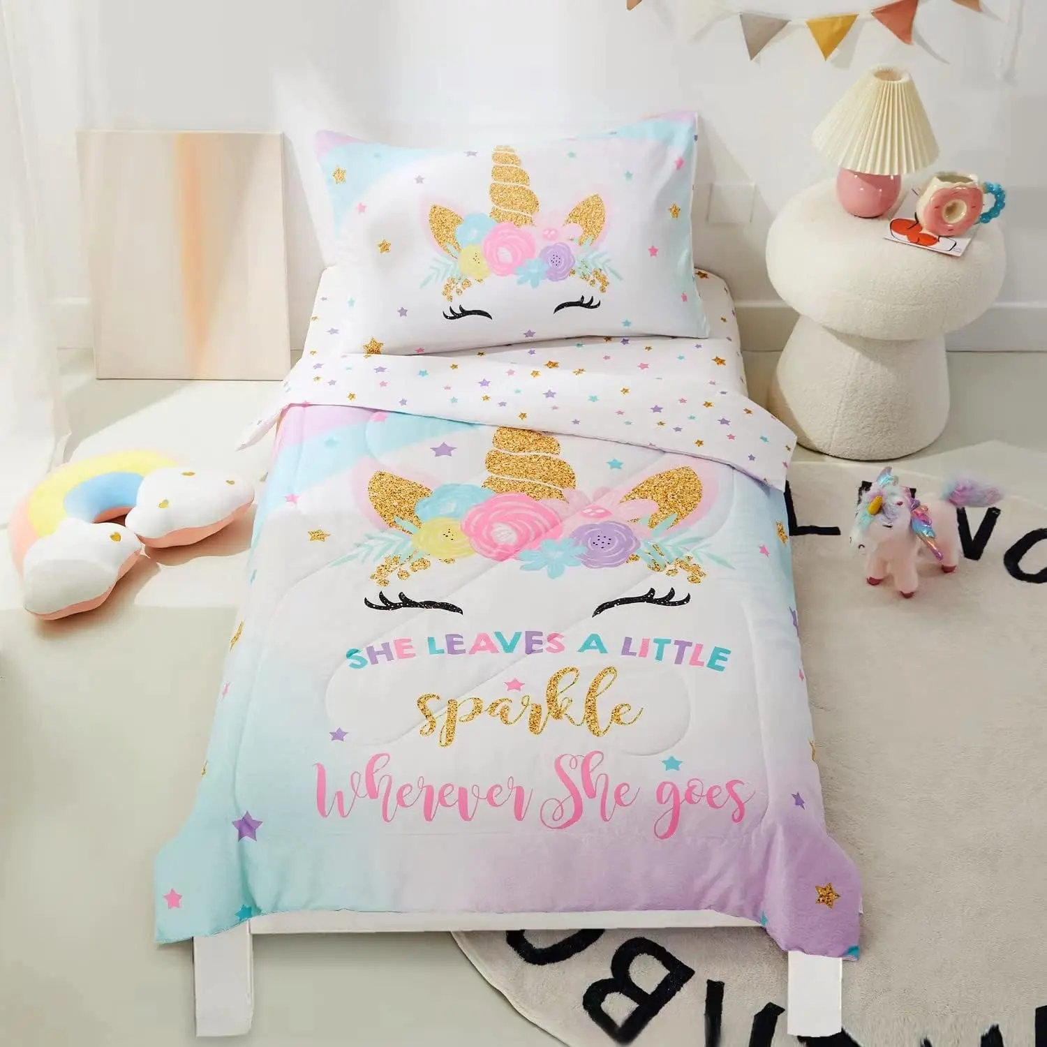 4-Piece Ultra Soft Standard Toddler Bedding Set Includes 1 Flat Sheet 1 Fitted Sheet 1 Comforter and 1 Reversible Pillowcase, Soft Unicorn Pattern Toddler Bed Set