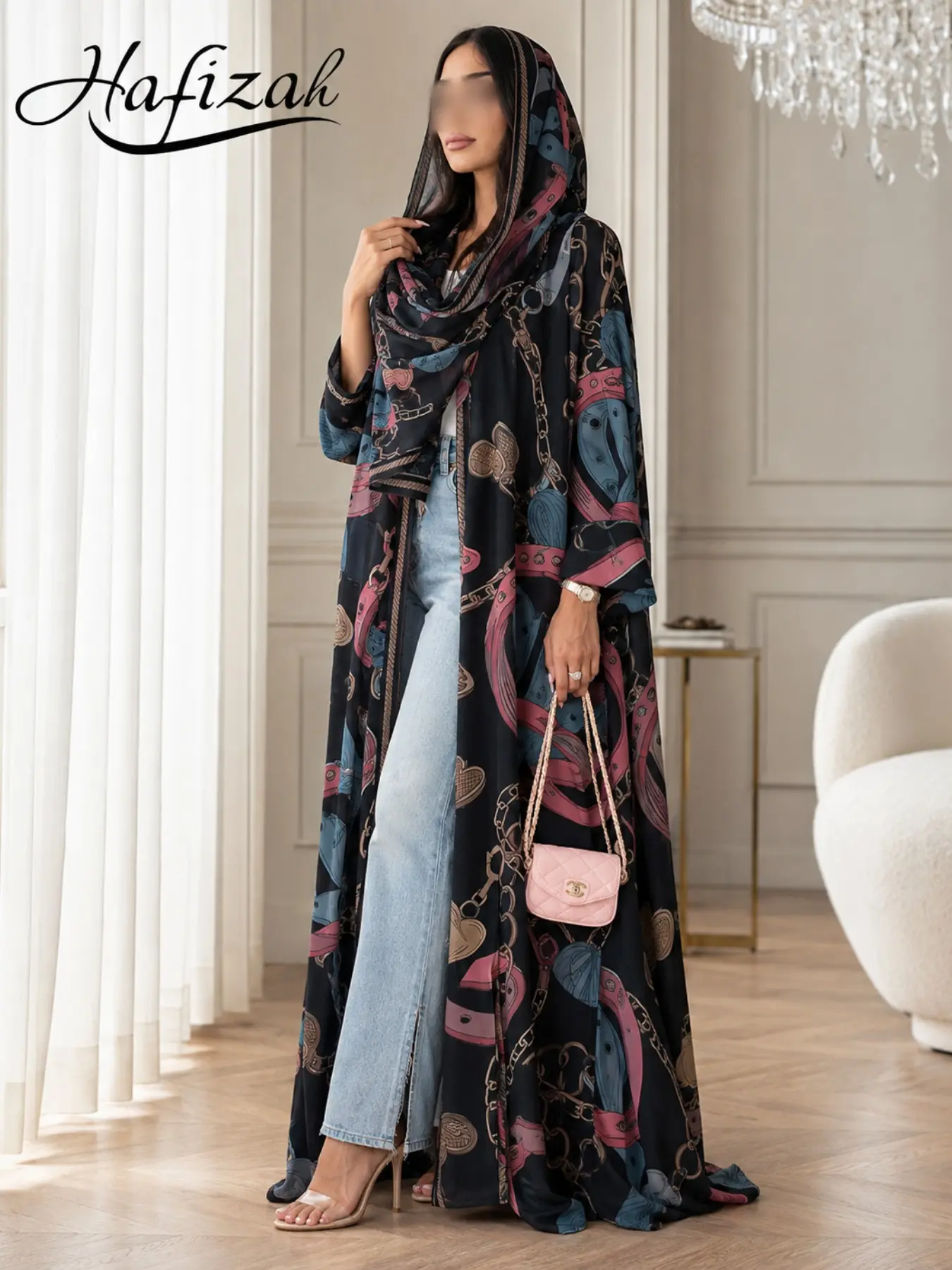 Women's Chain Belt Floral Kimono Robe, Elegant Long Sleeve Dress, Muslim Dubai Robe, Perfect for Eid and Ramadan
