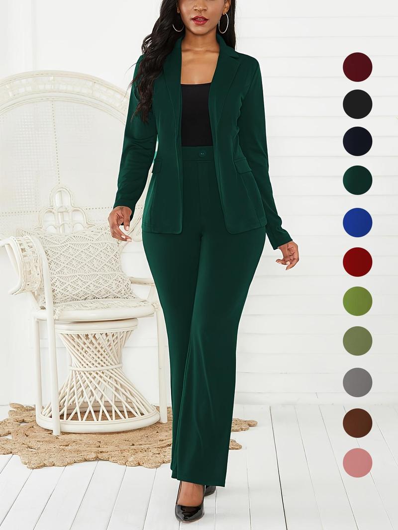 Women's Two-Piece Set Plain Button Lapel Blazer & Suit Pants, Elegant Business Casual Long Sleeve Outerwear & Trousers for Daily Outdoor Wear, Women's Clothing for All Seasons