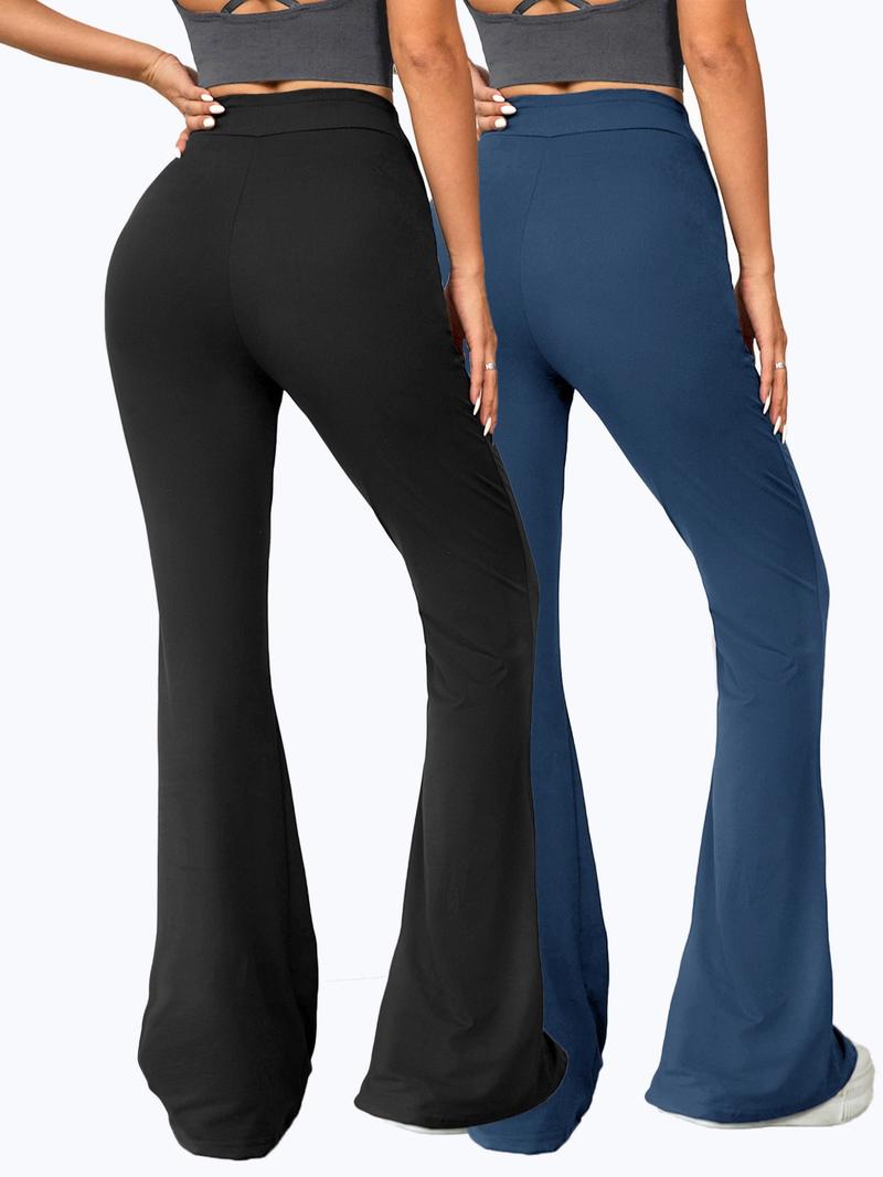 Women's High Waist Flare Leg Sports Tummy Control Leggings, Solid Color Drawstring High Stretch Yoga Leggings, Gym Clothes, Ladies Sportswear for Indoor Outdoor Wear, Gym Yoga Pants