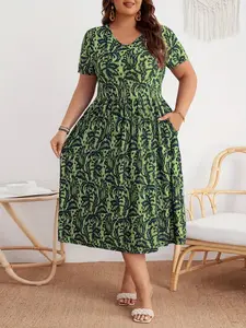 Plus Size Summer Retro Vintage Full Print V Neck Short Sleeve Dress, Pockets, Loose Fit, Waist Cinch, Casual Daily Wear, Vacation, Commute