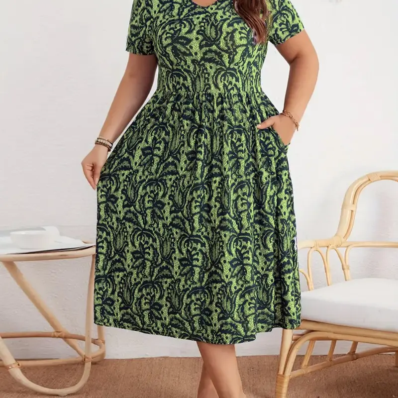 Plus Size Summer Retro Vintage All-Over Print V-Neck Short-Sleeve Loose Fitting Dress with Pockets, Cinched Waist Loose Fit, Casual for Daily Wear, Vacation & Commute