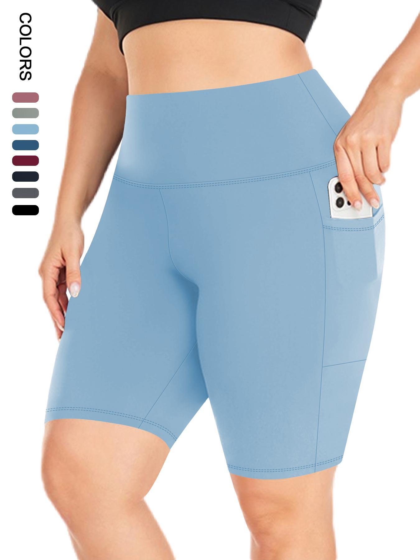 Plus Size Plain High Waist Convenient Pockets Design Skinny Shorts, Activewear Shorts, Casual Comfy Breathable High Stretch Seamless Shorts for Daily Outdoor Sport, Women's Bottoms for Summer